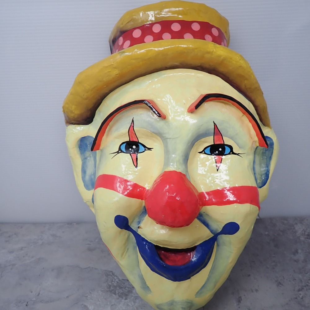 Vintage Paper Mache Clown Mask Wall Hanging Decor Hand Painted Circus Folk Art